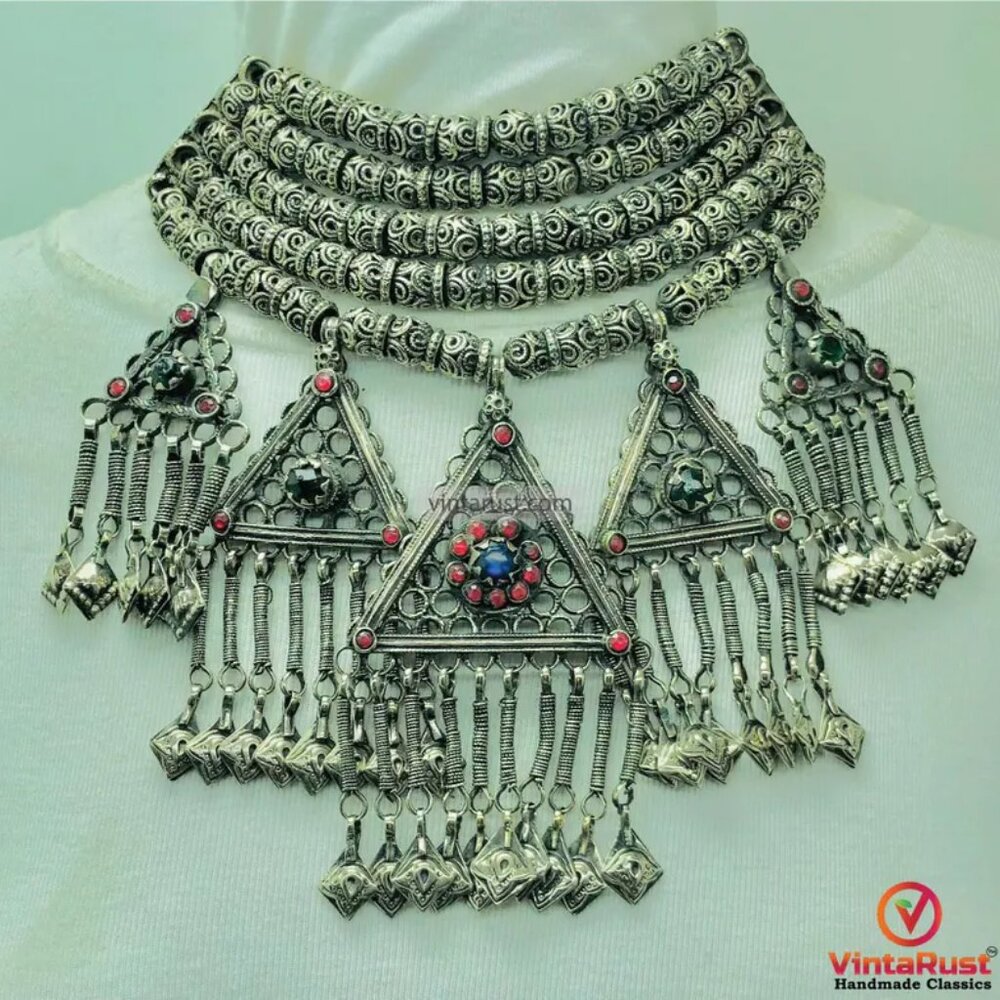 Vintage Tribal Beaded Necklace: Silver Tone Pendants, Ethnic Belly Dance Jewelry